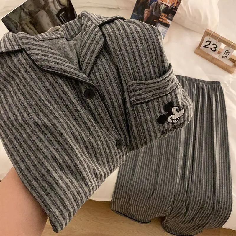 

Mickey Embroidery Gray Stripe Women Long-Sleeve Button-Front Pajama Soft Comfy Fabric Casual Loungewear Y2K Aesthetic Fashion