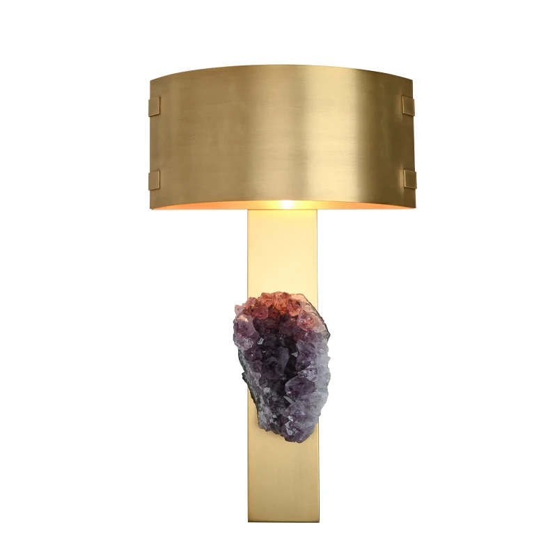 

Contemporary Brass Backplate Wall Sconces Living Room Corridor Bedside Amethyst Stone Wall Lamp