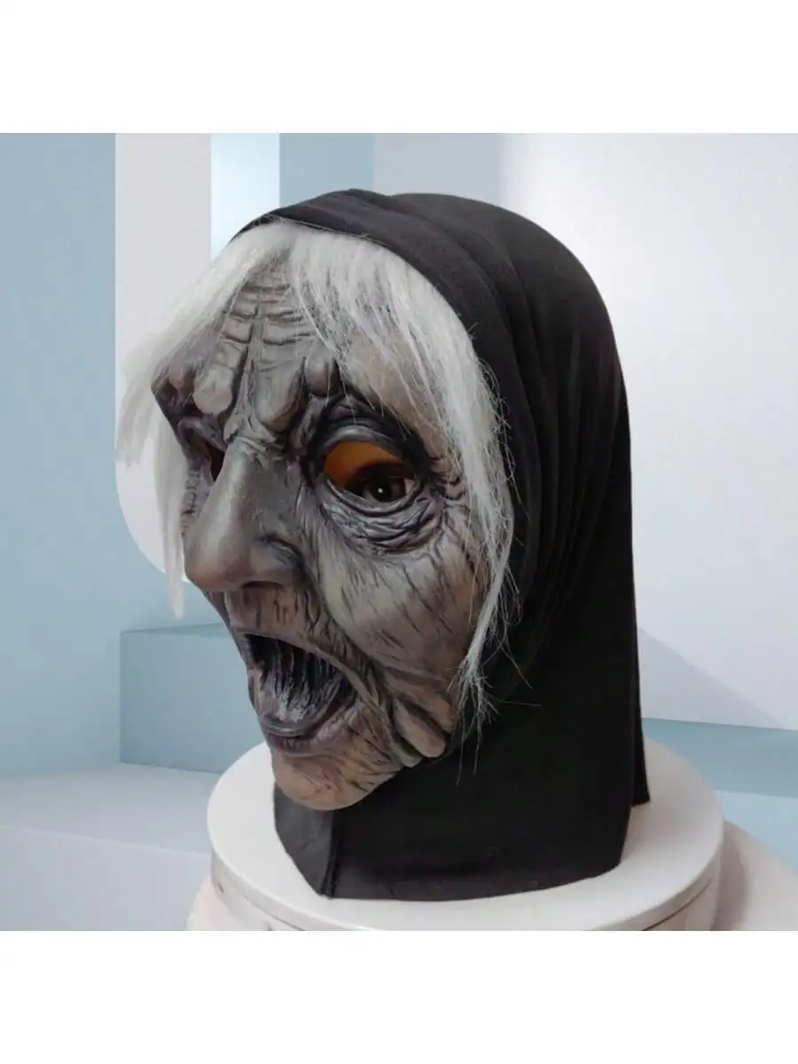 Weißhaarige Hexenmaske, Latex-Damenmaske mit Hijab und Perücke, geeignet für Kostüme zum Spielen als gruselige Hexe, Party-Requisiten. – Detail 2