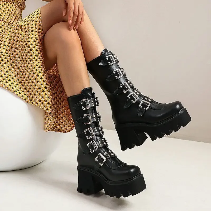 

Fashion Punk Belt Buckle Women Boots Cosplay Comfort Women's High Boots Leather Boot Wedges Gothic Style Women Boots