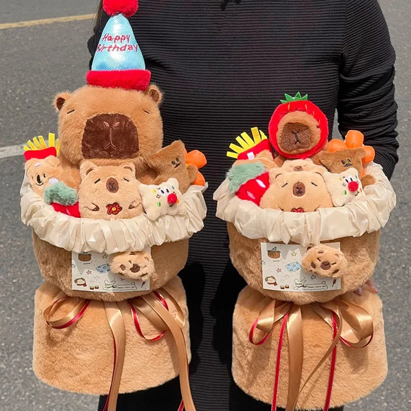 Capybara Plush Bouquet Happy Birthday Themed Stuffed Animal Gift Cute Cartoon Doll Bouquet for Celebration Kawaii Perfect Gifts