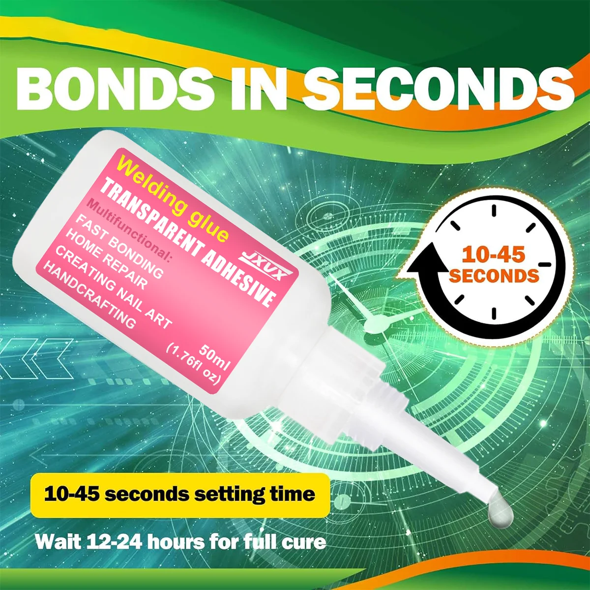 Cola transparente de secagem rápida, Super Cola 7 Segundos Reparação rápida Preenchimento Reforço Sistema de dupla adesão Resina, Resistência à água, Fórmula ecológica, delicada com os materiais, 50 g
