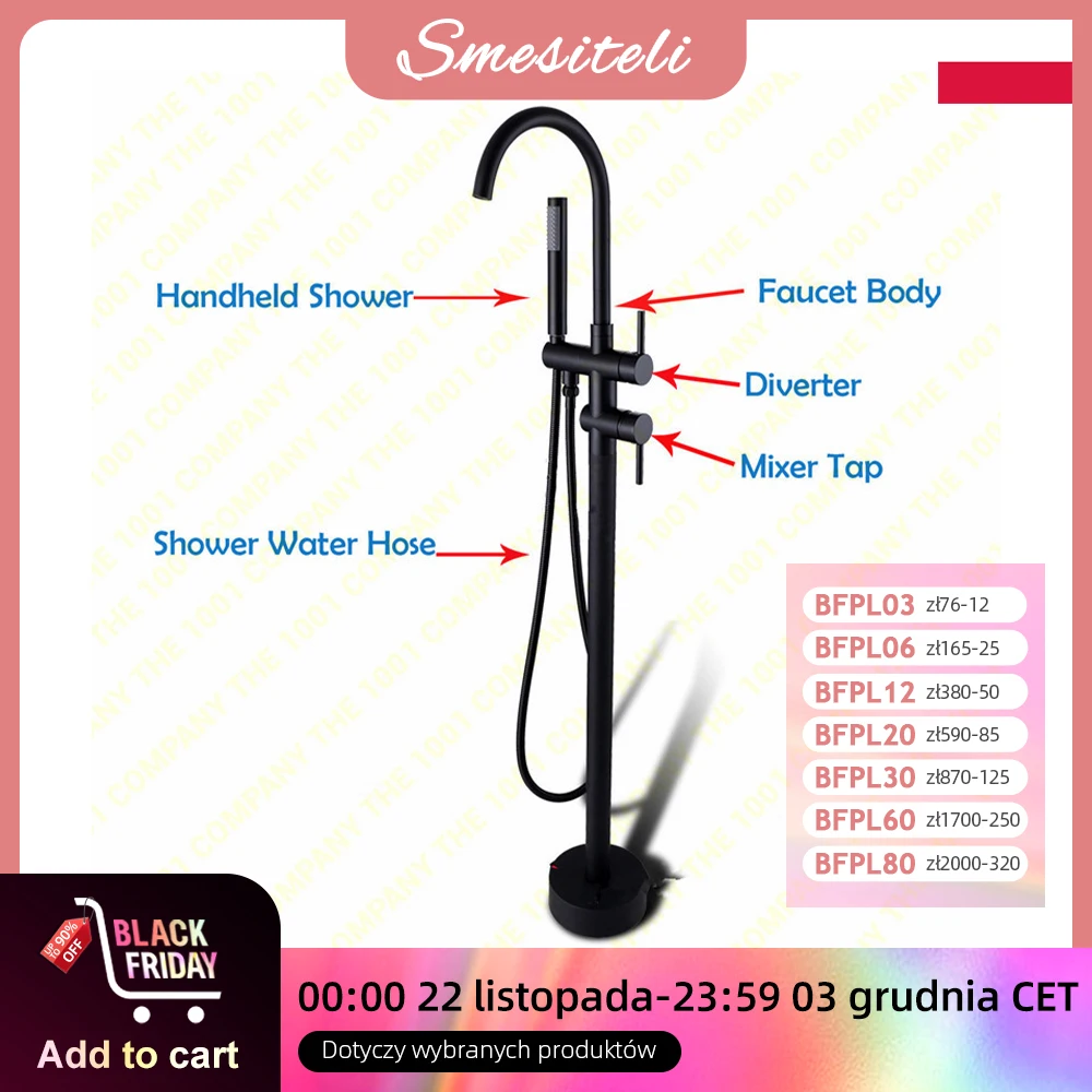 Matte Black Freestanding Bathtub Faucet 2 Ways Spout & Hand Shower Diverter Floor Mounted Bathtub Mixer Hot & Cold Bathroom Tap