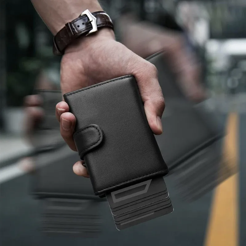 Men's Genuine Leather Trendy Wallet RFID Blocking with Aluminum Case Design Anti-Theft Magnetic Proof Zipper Coin Pocket Wallet