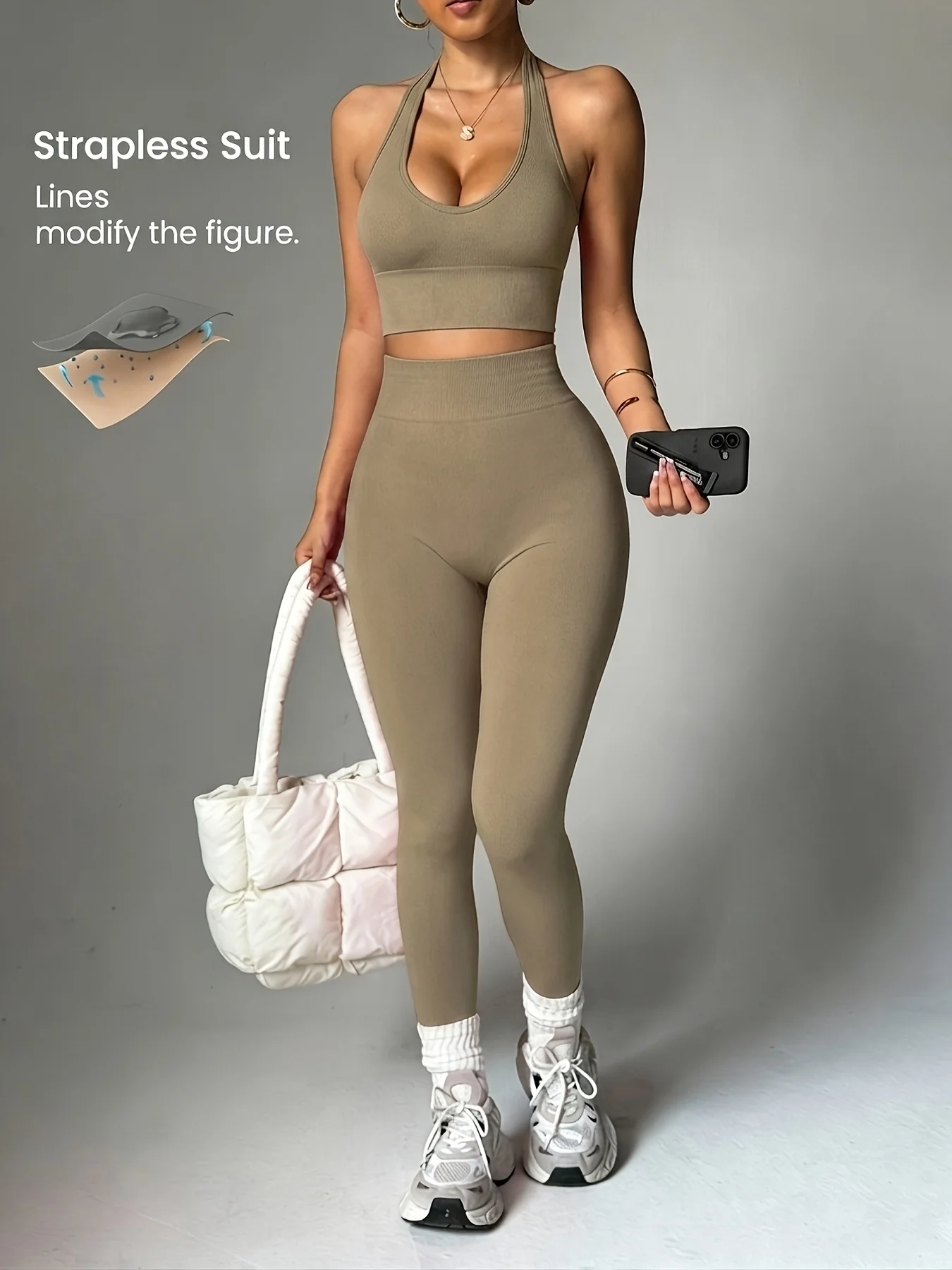 2pcs Solid Color Fashionable Versatile Women's Sportswear Set, Sexy Halter-neck Sports Tank Top + High-waisted Leggings,