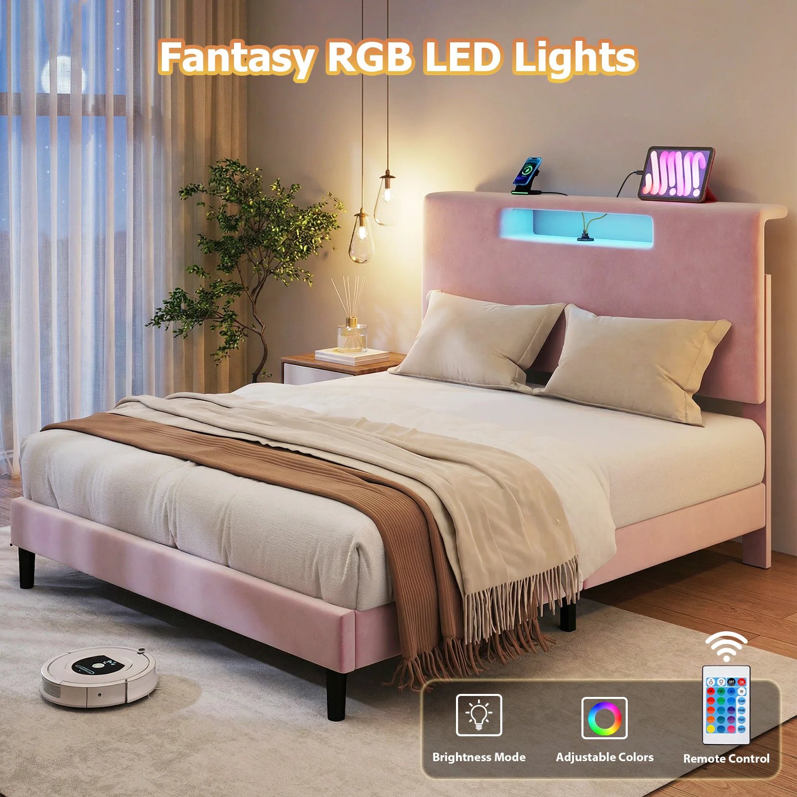 82.28×60.63×44.09inch Queen Size Upholstered Bed Frame w High Headboard Charging Port Wood Slat Frame Noiseless No Box Spring