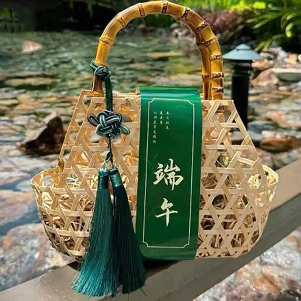 Portable Handmade Bamboo Basket Handheld Chinese Style Gift Packaging Box Empty Zongzi Gift Box for Home