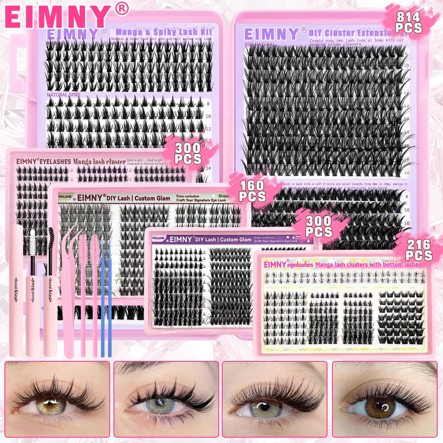 Kit de cils en grappe EIMMY 160/216/300/814 pièces, longueurs mixtes, faux cils confortables, faciles à poser, longue durée, adaptés aux débutants, pour usage quotidien