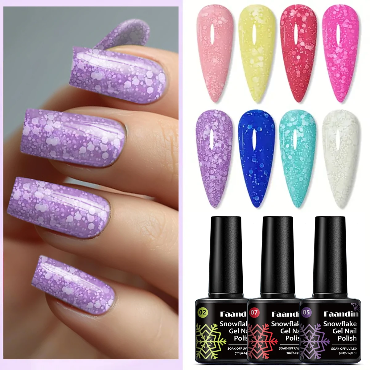 زجاجة Faandin 7 مل 1، طلاء أظافر جل لامع ندفة الثلج، نمط لامع خاص على ندفة الثلج، جل طلاء أظافر عالي الجودة، يدوم طويلاً، قوي، ليس من السهل أن يلمعها، جل طلاء الأظافر، طلاء أظافر عصري للسيدات في الصالونات بالجملة