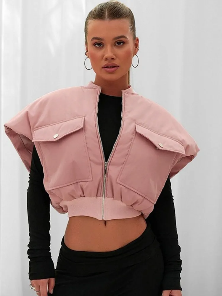 

Warm Parkas Women Zipper Coats 2025 Autumn Winter Pink White Vest Coat Khaki High Waist Casual Vests Elegant Y2k Jackets Thick