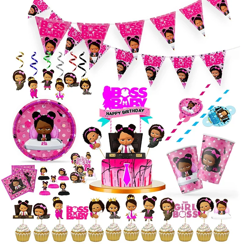 Black Girl baby boss Bomboniera a tema compleanno Articoli per feste Set per feste Bicchiere di carta Piatto Borsa regalo Tovagliolo Bandiera Torta