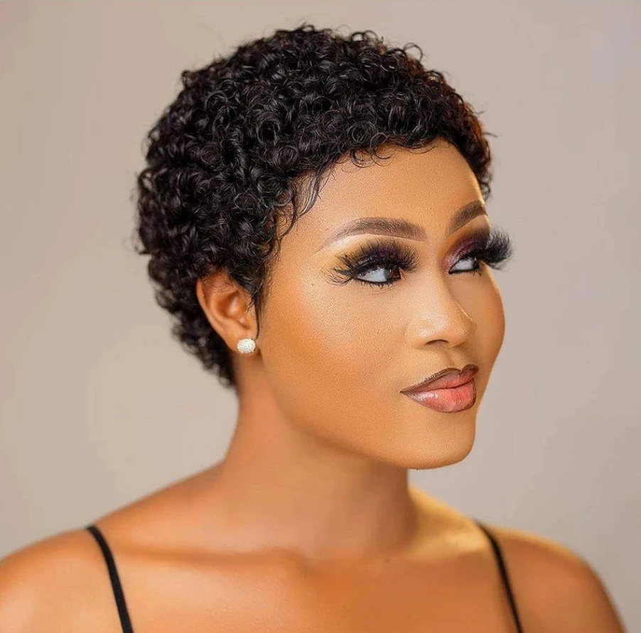 Afro Curly Short Wigs Human Hair Wig With Bangs Pixie Cut African Fluffy Curly Wigs For Women Machine Made Daily High Quality