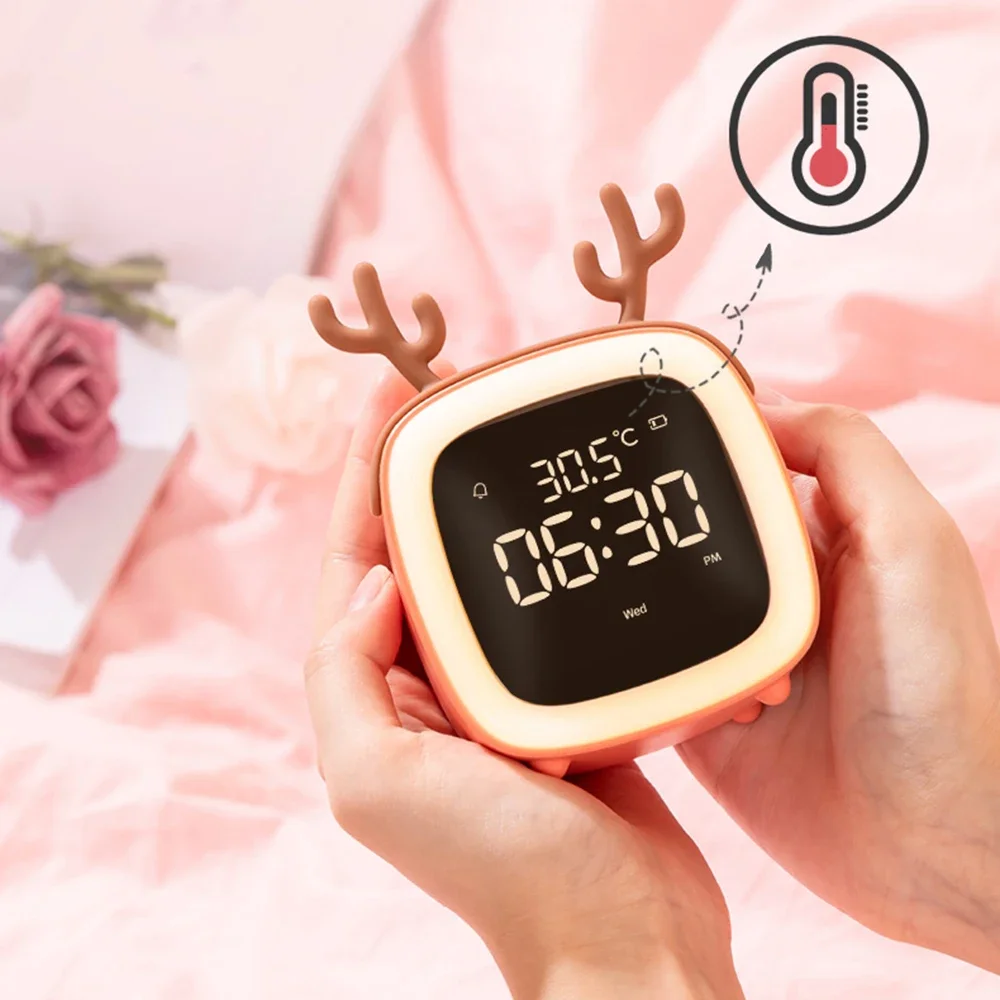 Luz LED nocturna de dibujos animados recargable para niños, reloj despertador con termómetro, regalo de cumpleaños para estudiantes, lámpara de