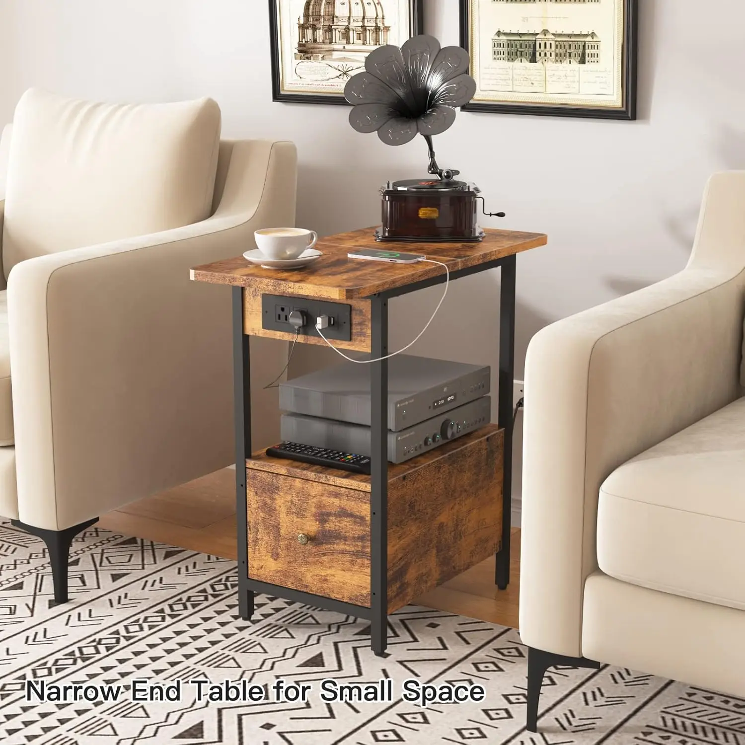 طاولة نهاية الشحن الضيقة، مع منافذ ومنافذ USB بالإضافة إلى درج، لغرفة النوم ذات المساحات الصغيرة #5