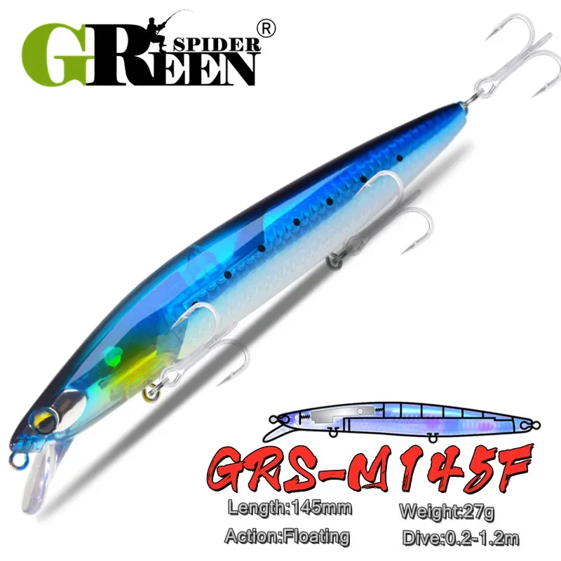 GREENSPIDER NEW Fishing Floatng Minnow 145mm 27g Flash Lures Flash Blade Sea Bass Lure Bait Floating Wobblers Crankbait