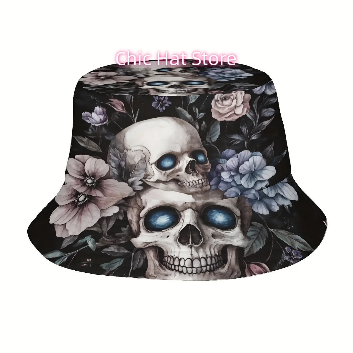 ()1pcs Happy Halloween, Featuring Terrifying Skeletons and Floral Green Leaf Patterns (2) Printed Fisherman Hat Suitable for Bot