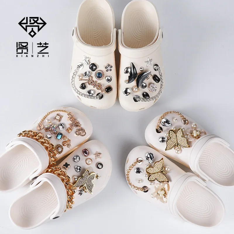 

Luxury Hot Footwear Decoration DIY Elegant Rhinestone Pearl Chains Butterfly Bundle Charms for Crocs DIY Accessories Decoration