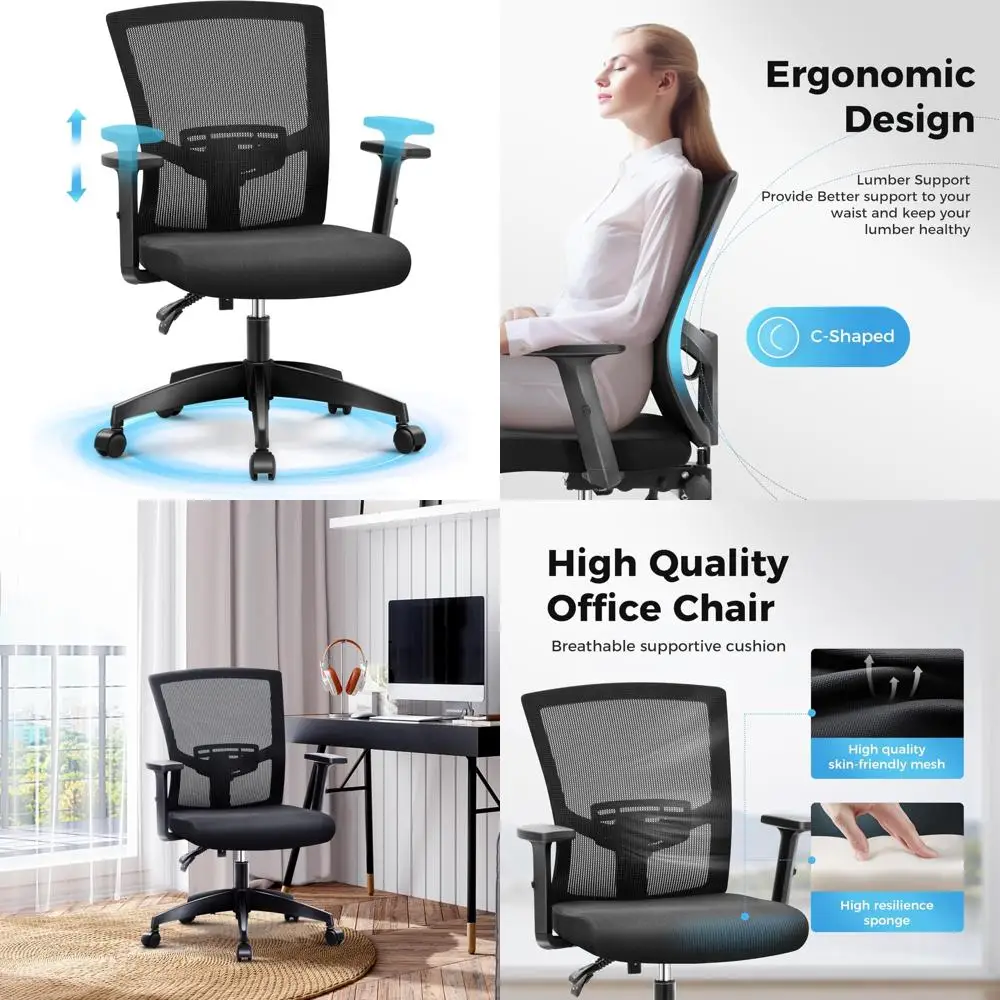 Ergonomic Mid-Back Mesh Office Chair Adjustable Armrest Breathable Home Desk Computer Task Chair Long-Tail Comfort