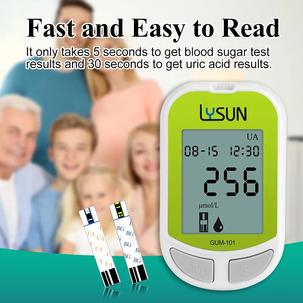 2 in 1 Blood Glucose Monitor Kit with 25 Glucose and 25 Uric Acid Test Strips, 50 Lancets, Travel Case for Diabetes Testing