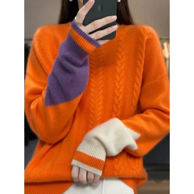 Women's Half High Collar Sweater Autumn Winter New Fashion Solid Color Screw Thread Long Sleeved Straight Pullover Knitted Tops