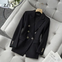 ZJYT Autumn Winter Women's Double Breasted Tweed Woolen Bazers Women Turn Down Collar Black Casual Jackets Coats Veste Femme