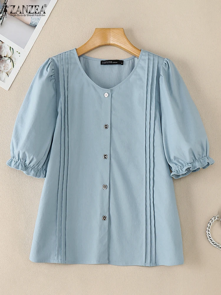 ZANZEA Korean Fashion Demin Shirts Everyday Women O Neck Puff Sleeve Blouses Solid Color Button Up Casual Tuck Detail Tunic Tops