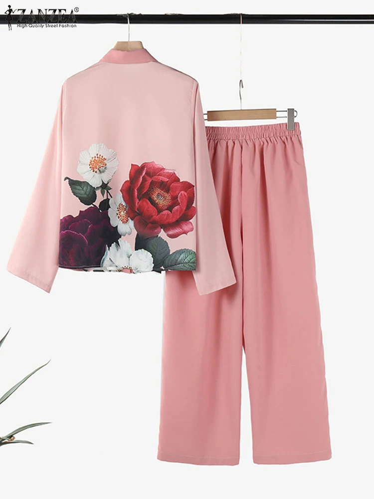 ZANZEA-Conjunto de 2 piezas de moda de otoño para mujer, blusa informal de manga larga, conjuntos de pantalones, trajes de trabajo, chándales con estampado Floral de primavera