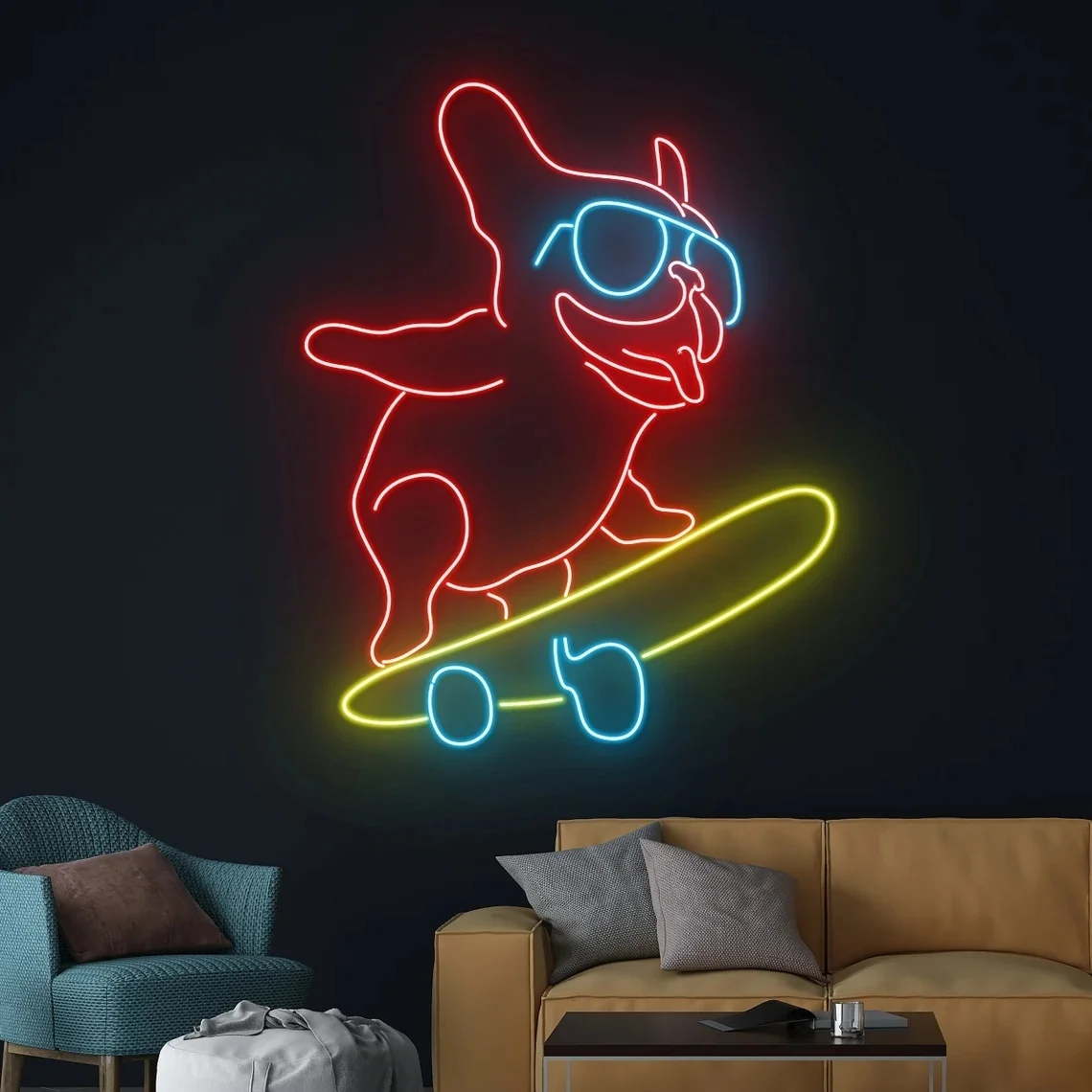 French Bulldog Skateboarding Neon Sign Home Room Wall Decor Neon Sign Skateboard Player Neon Light