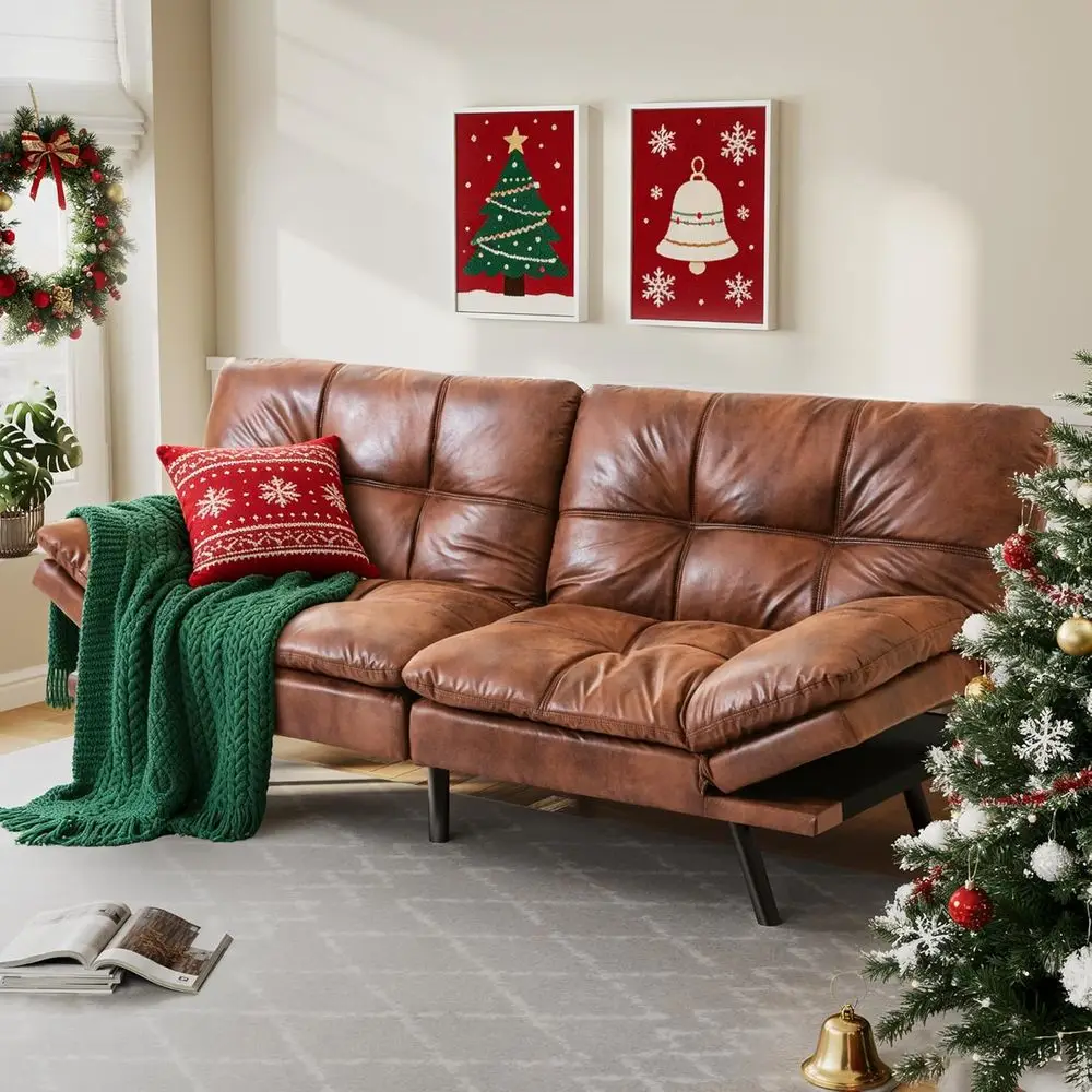 

Винтажный коричневый раскладной диван-футон из искусственной кожи с пеной с эффектом памяти, компактное двухместное сиденье для гостиных и квартир
