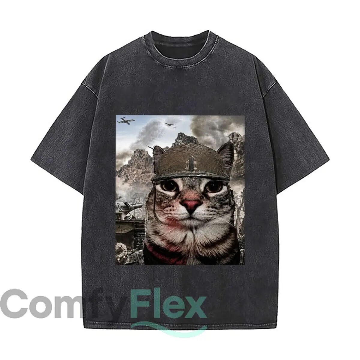 Thousand Yard Stare Military Cat Battlefield Mountain Planes Washed Short Sleeve Loose Streetwear Tee Hip Hop