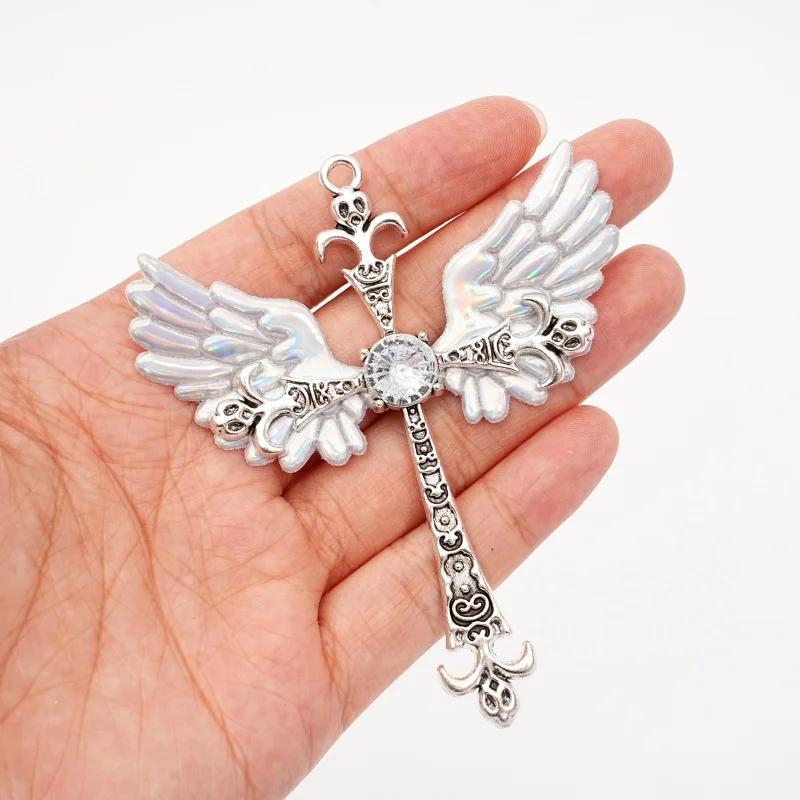 1Pc Y2K Rainbow White Angel Wing Cross Pendant with Transparent Water Diamond Alloy Pendant Jewelry Manufacturing Accessories