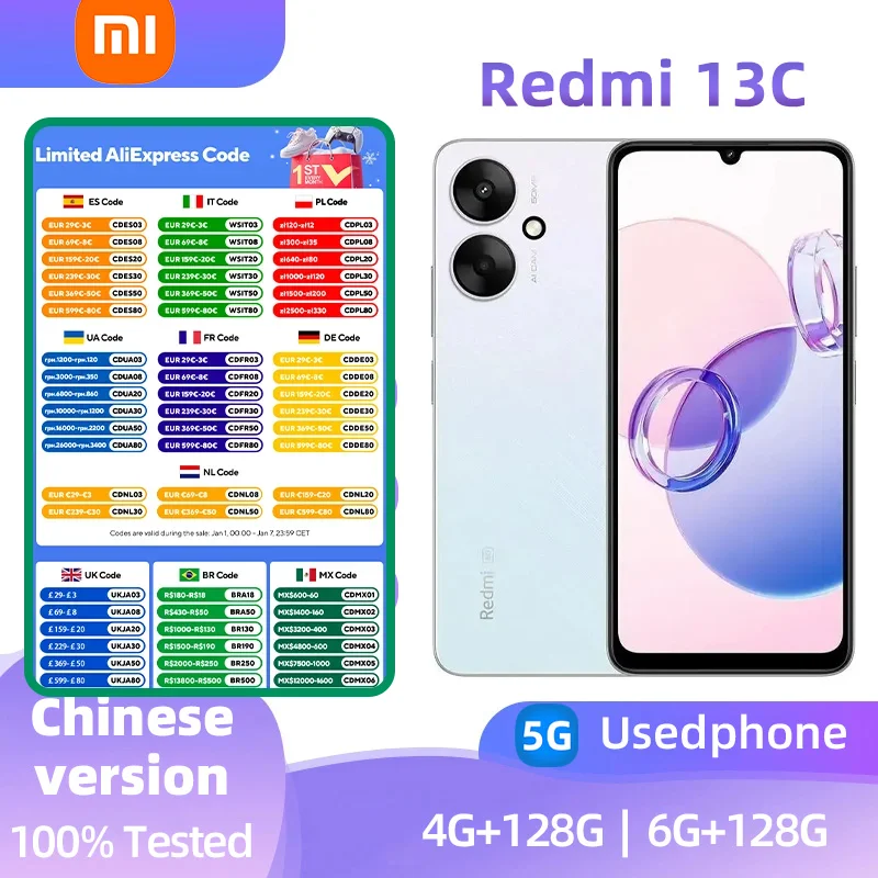 Redmi 13C 5G Android unlocked CPU MediaTek Dimensity 6400+ 6.74inch Screen 50MP Camera  used phone