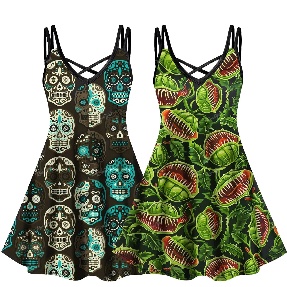 Women's Cami Dress Gothic 3D Printed Crisscross Mini Dresses Piranha Plant, Colorful Spider Web,Skulls Graphic Casual Vestidos