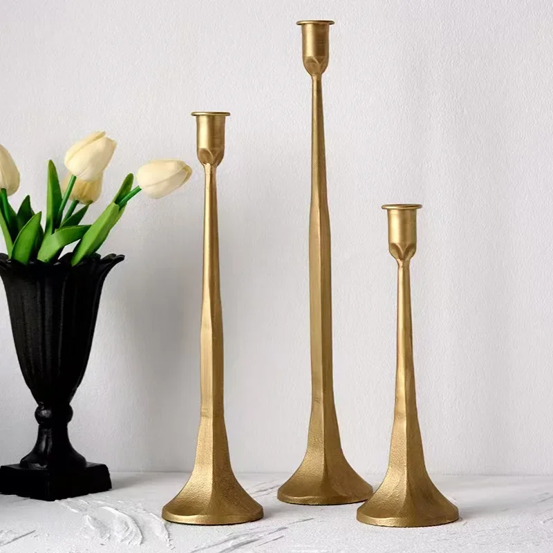 Hot Sale Set of 3 Vintage Gold Cast Iron & Black Metal Candlestick Holders for Home Decoration and Candle Display