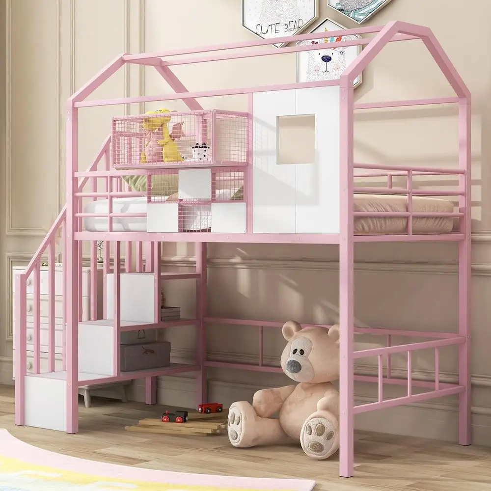 

Twin Metal Bed with Storage, Shelves, and Full-Length Guardrails - Pink, No Box Spring Needed