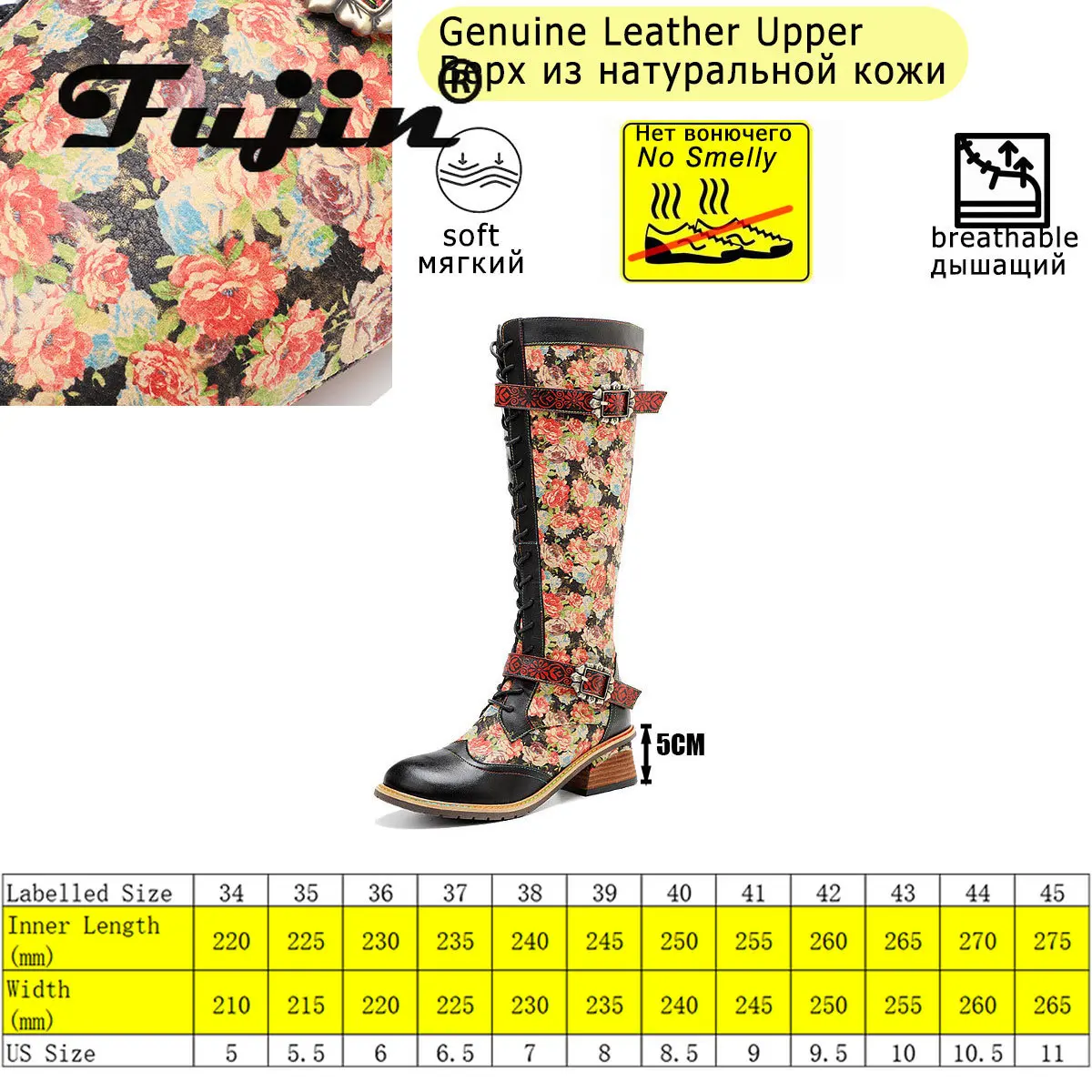 Koznoy Tacchi stampati 5 cm Nuova stampa etnica Pelle di pecora ZIP Autunno Primavera Stivaletti alti al ginocchio Donna Scarpe robuste taglie forti