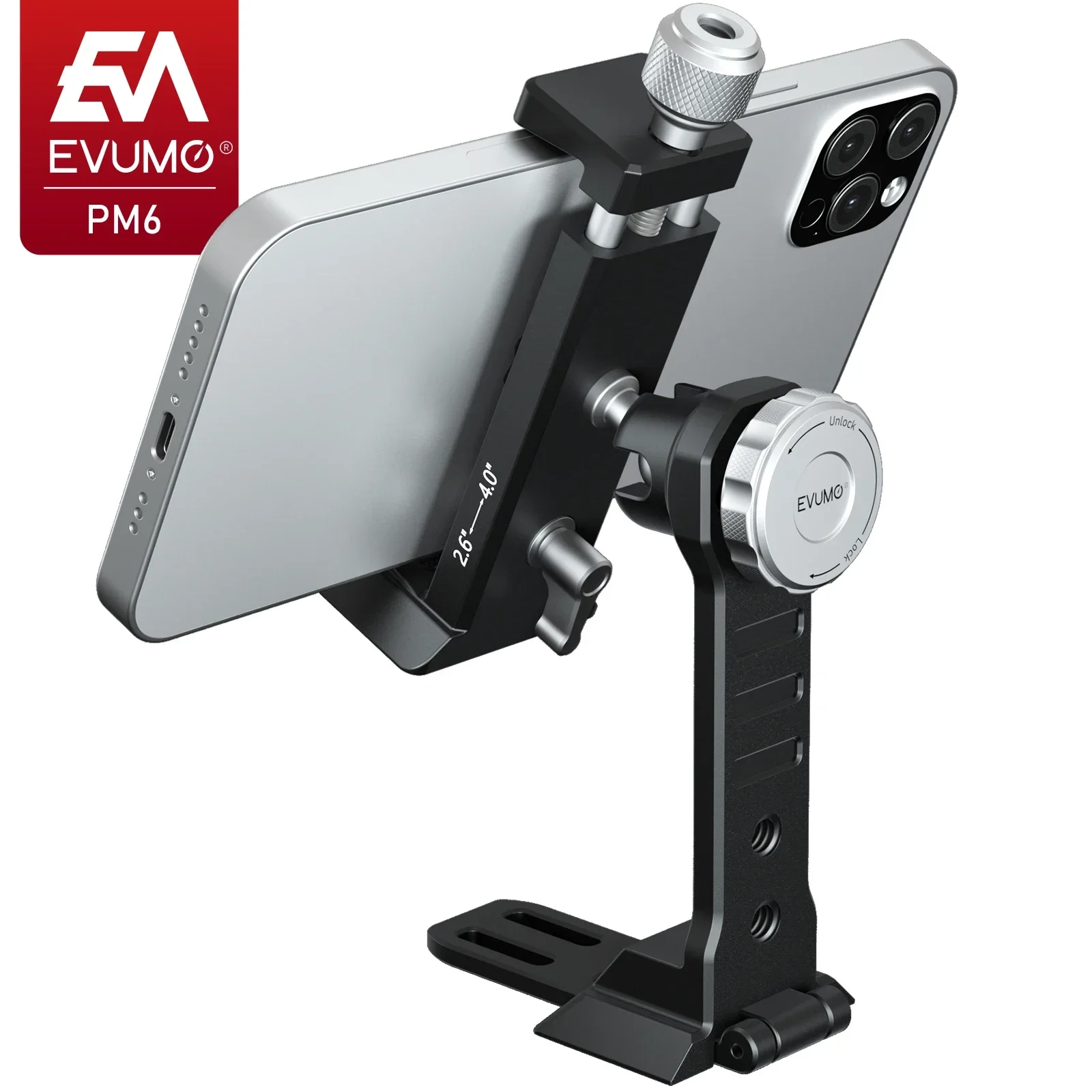 EVUMO PM6 Metal Phone Holder Tripod 360° Rotate Cold Shoe Mount Arca Swiss Quick Release Plate Clamp for iPhone DSLR Camera Mic