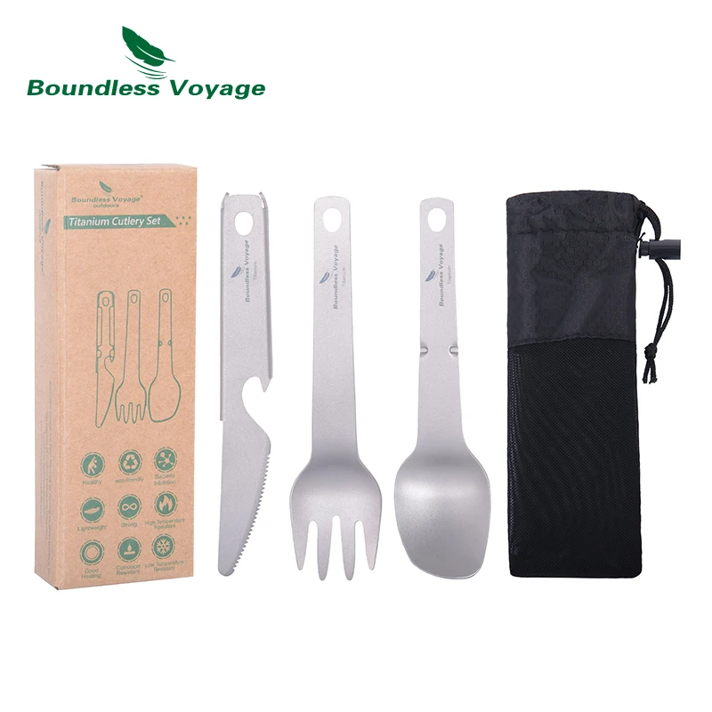 Boundless Voyage Titanium Cutlery Set Small Outdoor Camping Portable Knife Fork Spoon Bottle Opener Travel Lightweight Tableware