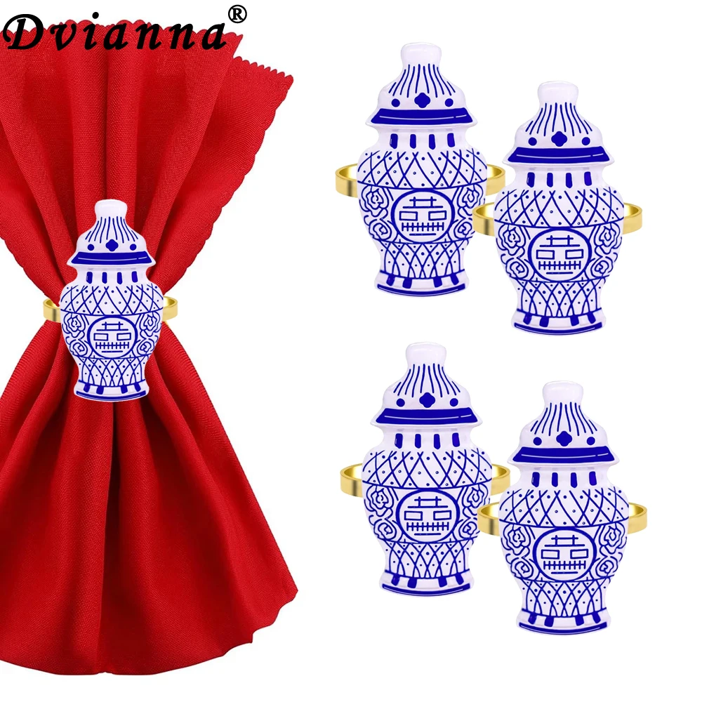 

20Pcs Blue White Bottle Shape Napkin Rings Hand Painted Metal Napkin Ring Holders Table Decoration Wedding Casual Baby Shower