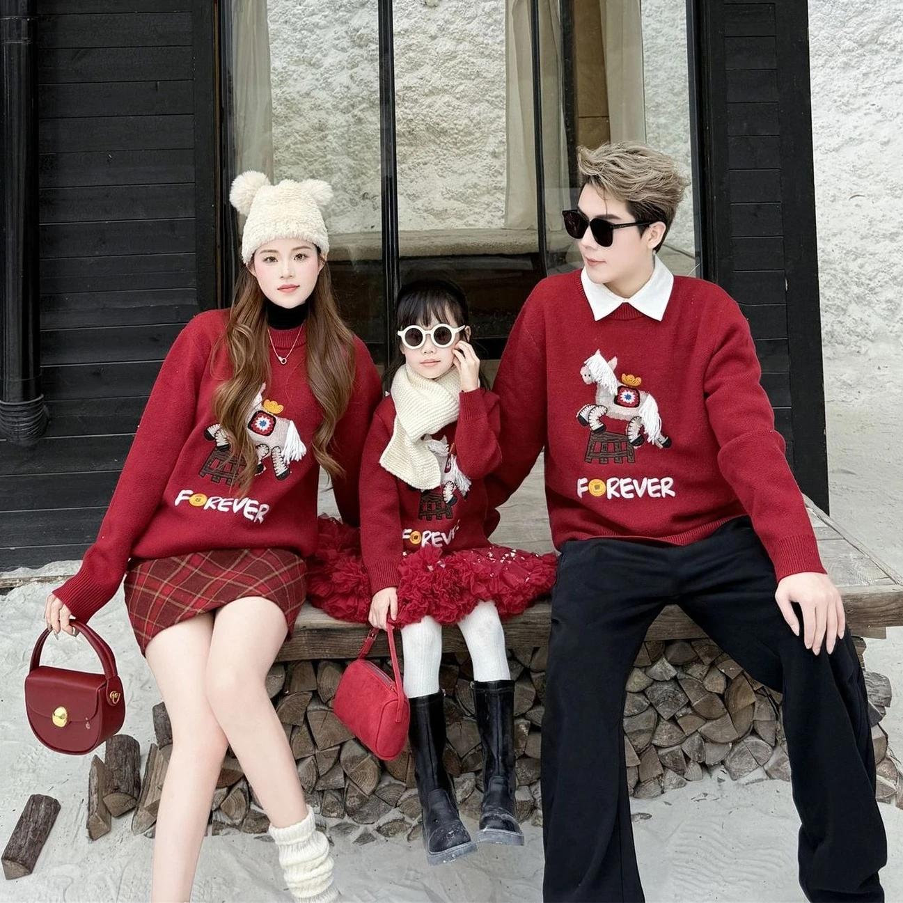 Family Matching Red Knitted Sweater Winter Warmth Father Mother Daughter Son Toddler Family Outfit 2026 Chinese New Year Gift