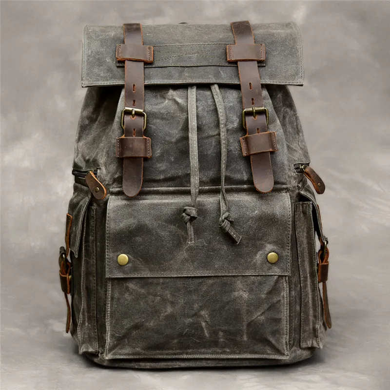 Vintage Luxury Canvas Genuine Leather Men's Large-capacity Backpack Outdoor Travel Crazy Horse Cowhide Waterproof Schoolbag