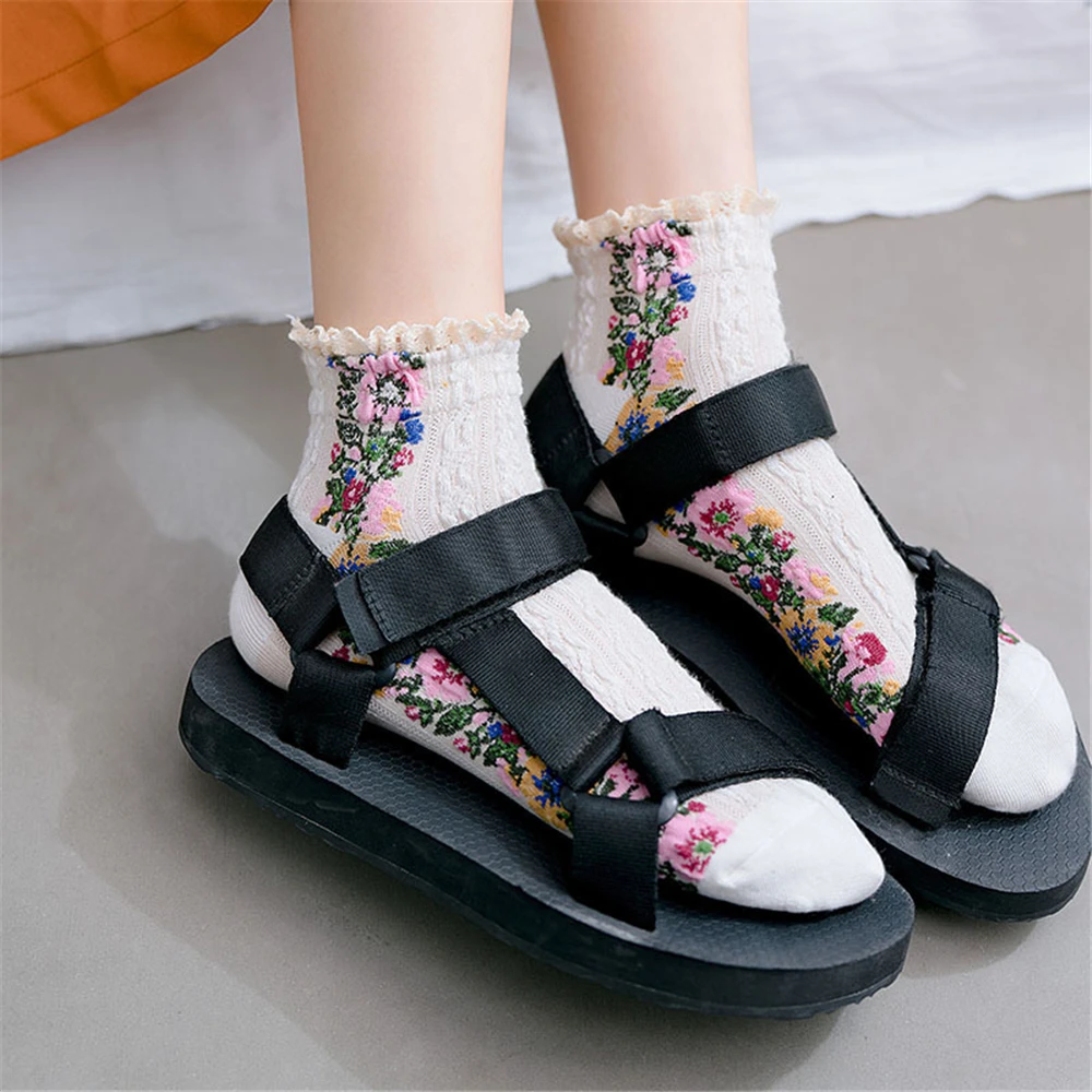 Summer Spring Ethnic Style Rose Curly Lace Cotton Short Twist Pattern Cute Fresh Japanese Retro Floral Ankle Socks Lolita Palace