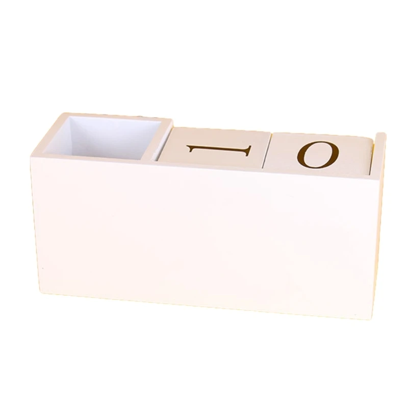 Wooden Permanent Calendar with Pen Holder, Desk Pen Holder with Blocks Permanent Calendar Office Desk Decorations K1KF