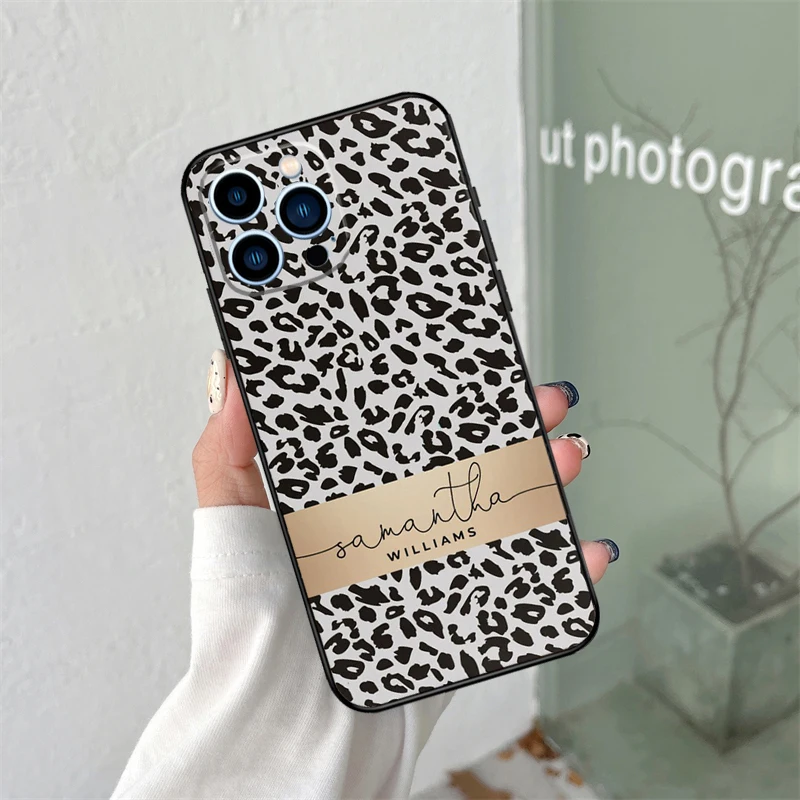 Iniciais nome de pele de leopardo personalizado para iphone 16 15 14 13 12 11 pro max xs max xr plus acessórios de capa de telefone