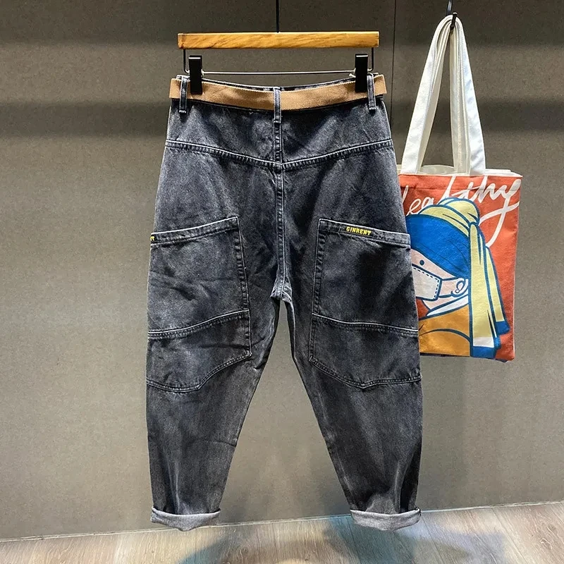 Male Clothes Spring Summer Vintage Blue Harem Jeans with Belt Men's New Button High Waist Slim Pencil Trousers Washed Pants MEN