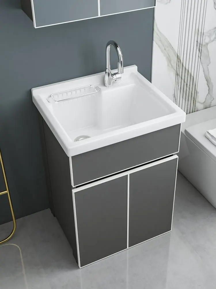 

Balcony Laundry Cabinet Combination Integrated Cabinet Ceramic Basin Small Unit Washbasin with Rubbing Board Bathroom Cabinet