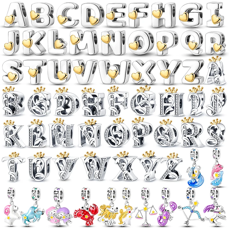 

Fit Original Zodiac Dangle 925 Sterling Silver Letter Charms Beads A-Z Golden Crown Alphabet Charm For bracelet DIY Birthday Gif