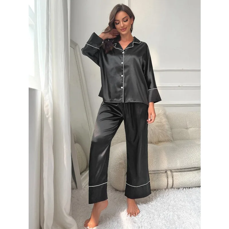 

2pcs Set Women's Autumn Winter Solid Color Imitation Ice Silk Pajama Set - Long Sleeve Top & Pants,Comfortable Casual Loungewear