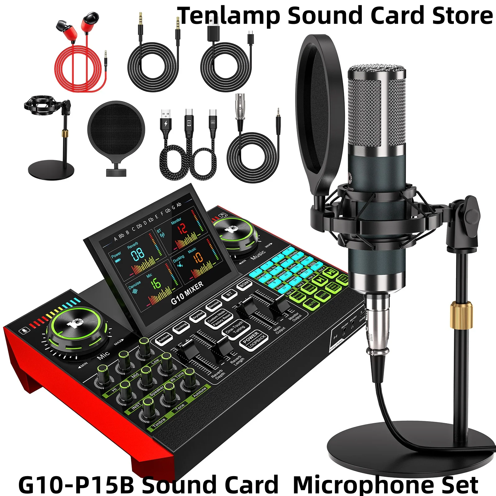 

Tenlamp G10-P15 Mic Mixer Set Podcast Influencer KOL Singing Gaming DJ Mixing Station Controller Equipment Studio Professional Recording Electronic Music Power Conditioner Karaoke Machine Available Dynamic Condenser Microphone Portable Microfono