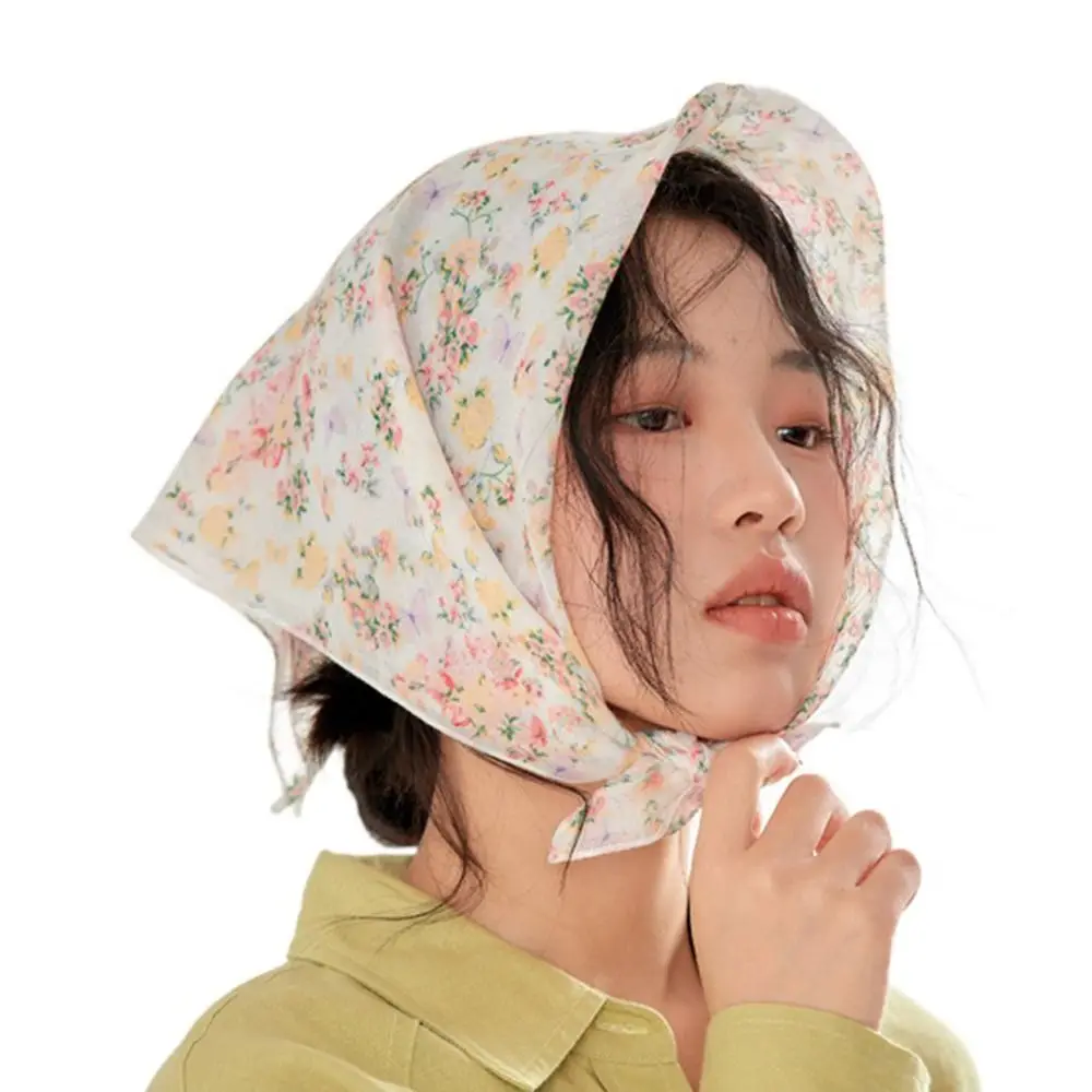 ผ้าพันคอไหมพิมพ์ลายดอกไม้ สไตล์เกาหลี สำหรับผูกผม ผ้าพันคอสี่เหลี่ยม ผ้าคาดผมผู้หญิง